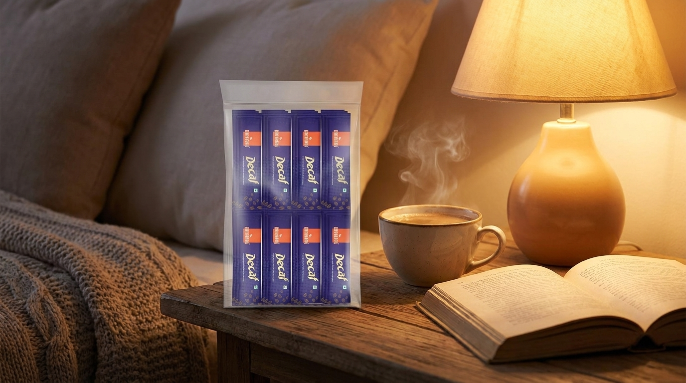 Continental Decaf freeze dried coffee sachets with evening reading nook — decaf coffee India guide