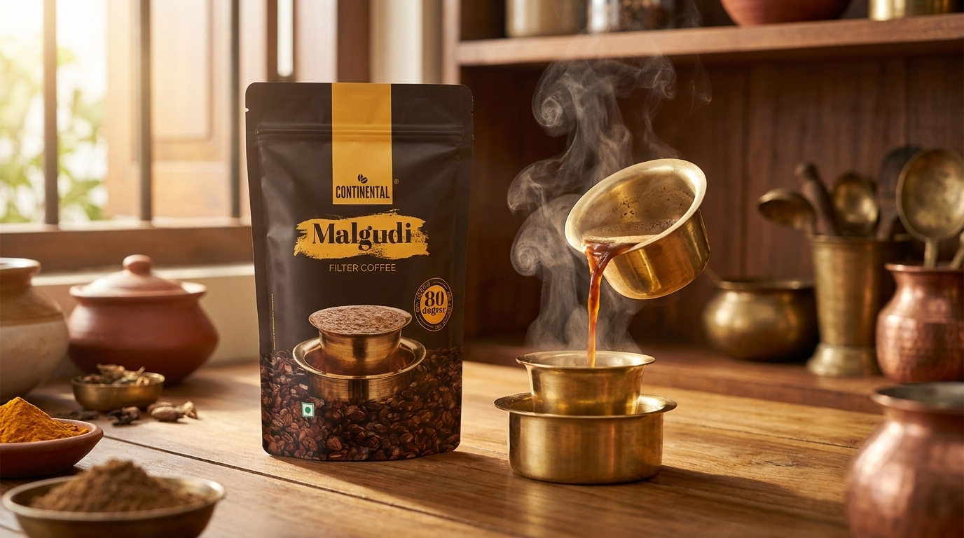 Continental Malgudi filter coffee pouch with traditional South Indian tumbler davara set
