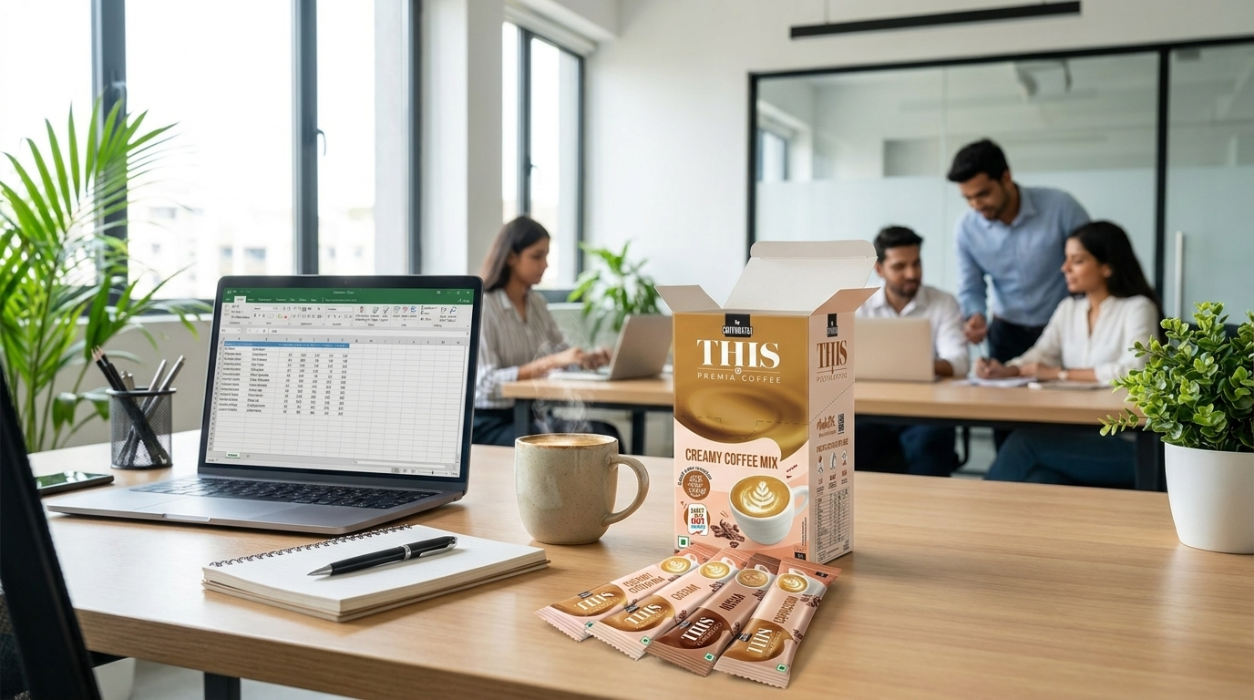 Continental THIS premix coffee sachets on office desk — best instant coffee for office pantry India