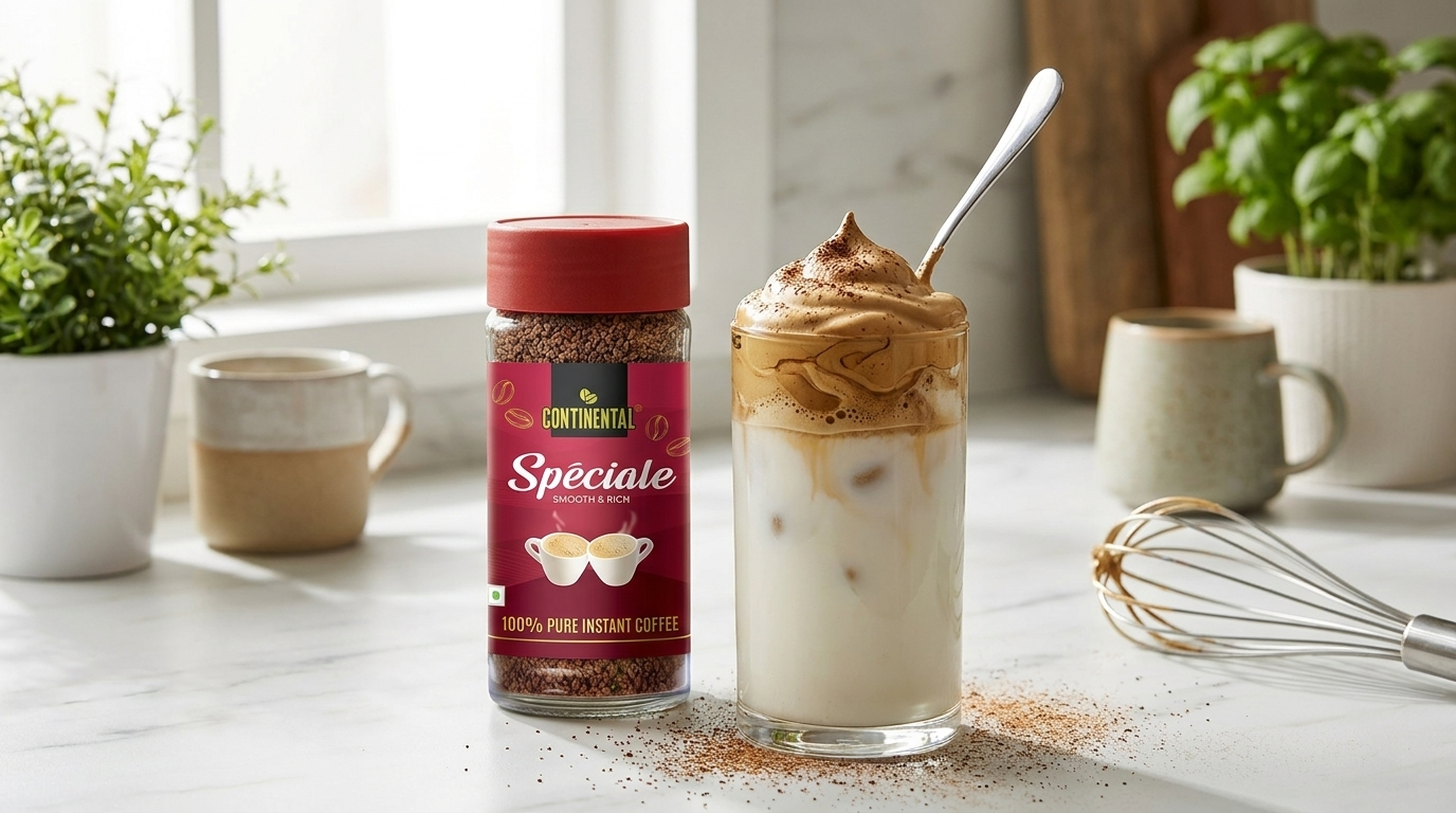 Continental Speciale jar with whipped dalgona coffee foam — how to make dalgona coffee at home